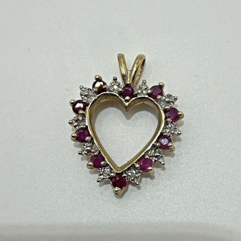 Vintage 10K Yellow Gold Diamond & Ruby Heart Pendant Charm 2.45g